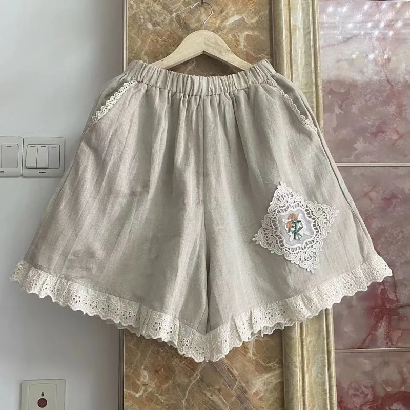 Women's Summer Casual Retro Embroidery Spliced Lace Pockets Cotton Linen Loose Wide Leg Pants Elastic High-waisted Thin Shorts