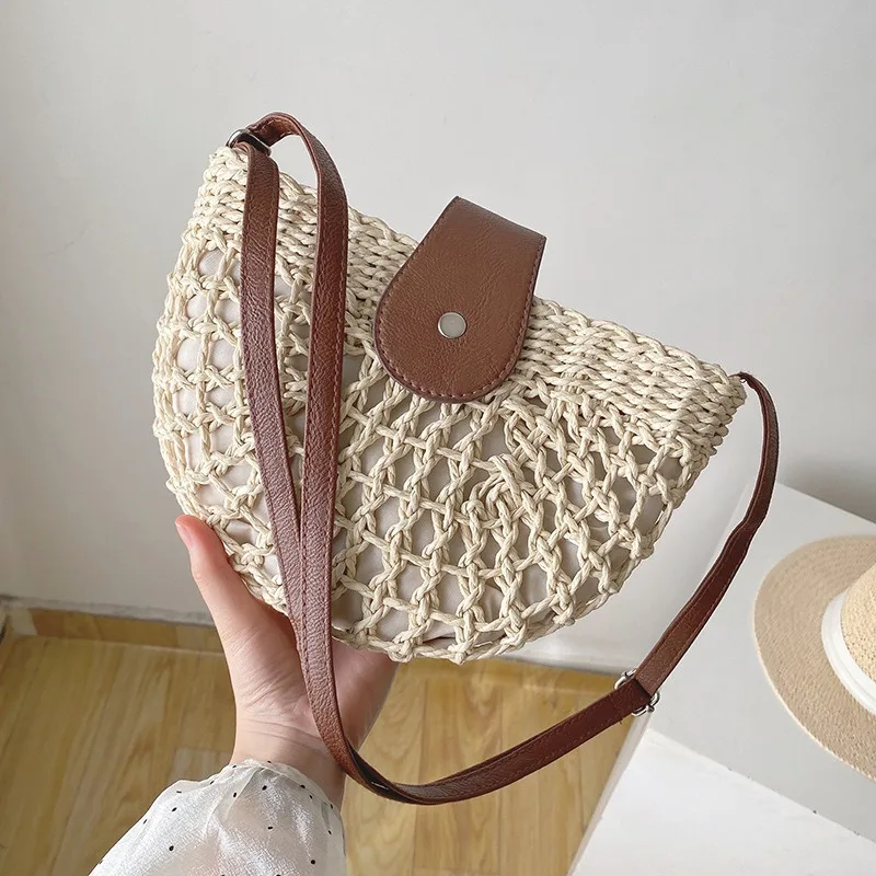 Casual Handwoven Shoulder Crossbody Bag Vacation Hollow Half Moon Straw Beach Phone Bag for Women's Daily Use Work Travel Party