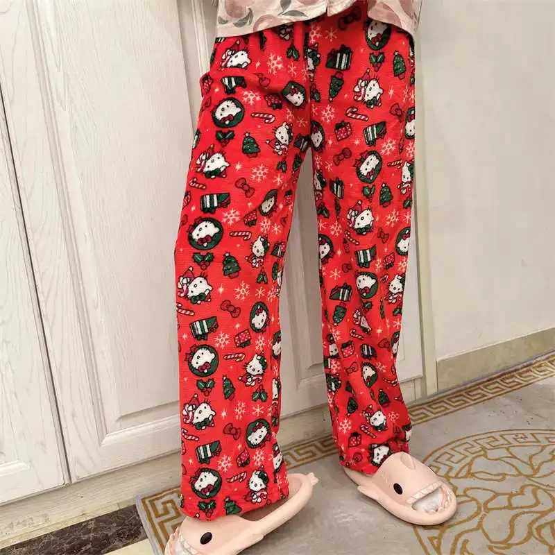 

Christmas Hello Kitty Pajama Pants Plus Size Sanrio Fleece Double Elastic Fabric Soft Trousers Women Trousers Cartoon KawaiiGift