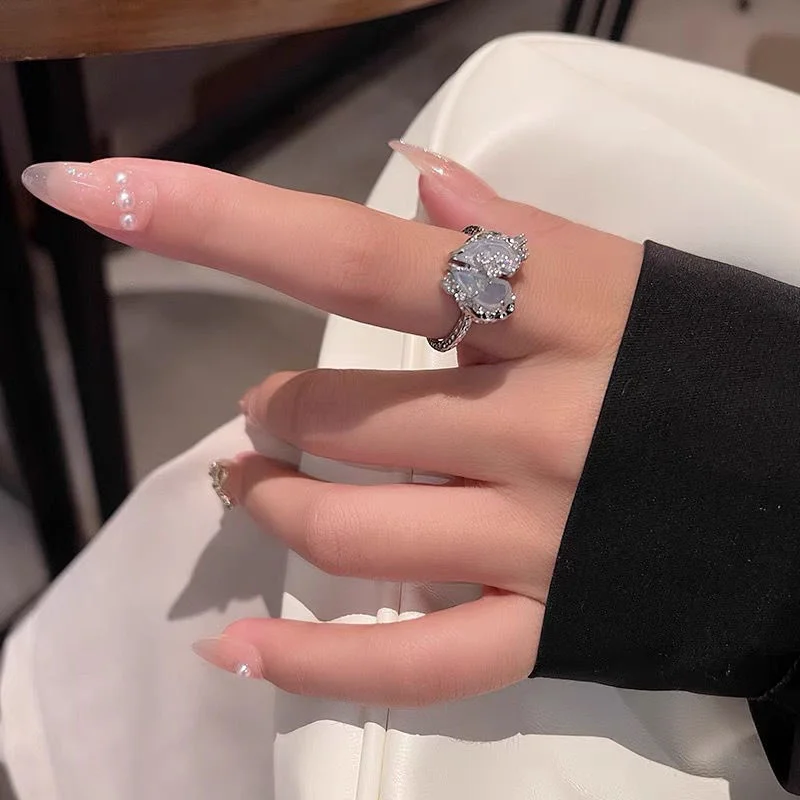 Pink Heart Rings Set Kpop Rhinestones Elegant Rings for Women Girls Shining Heart Individual Lovely Metal Silver Color Jewelry