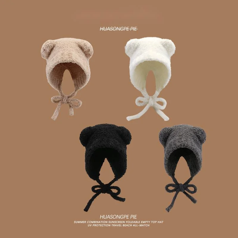 Nuovo cappello di peluche a forma di orsetto, cappello di protezione per le orecchie lavorato a maglia caldo e carino per bambini, cappello di lana coreano dolce e resistente al freddo_voghion.com