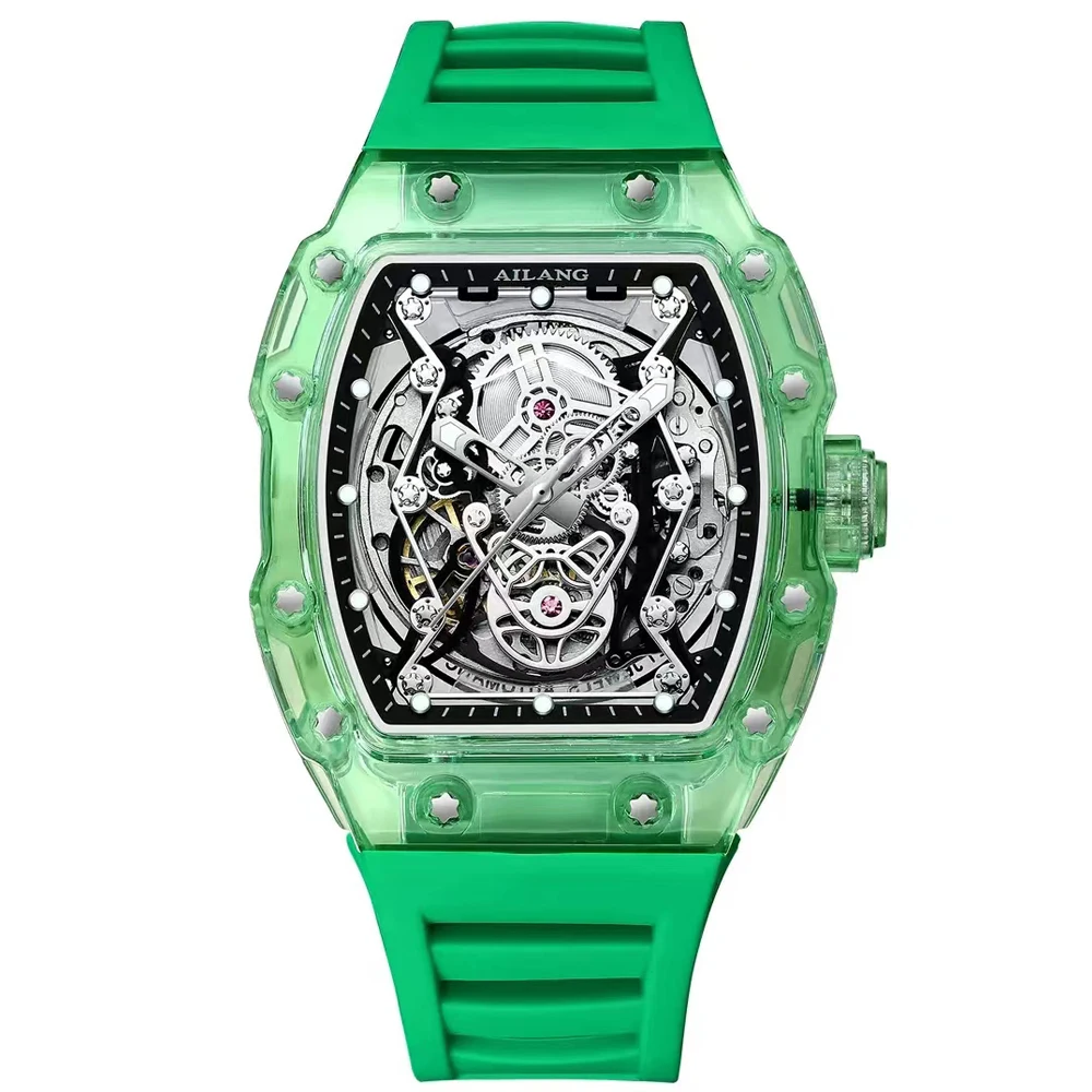 AILANG Men's Automatic Mechanical Watch Sport Silicone Strap Waterproof Luminous Tonneau Design Skeleton Wrist Watch For Men_voghion.com