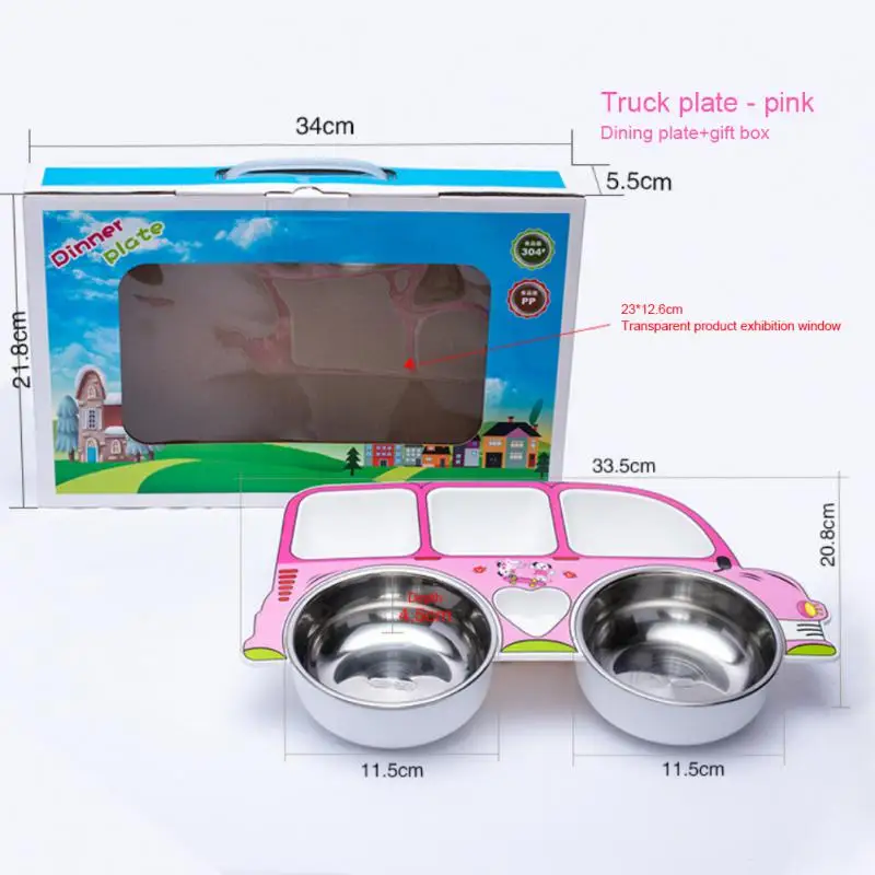 Stainless Steel Baby Feeding Bowl Children Tableware Set Cute Cartoon Car Shape Eating Training Dishes Plate with Spoon Fork