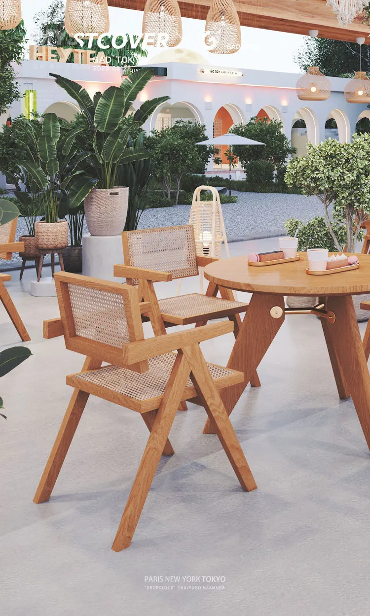 Rattan Restaurant Solid Wood Table and Chair Combination Set Coffee House Wabi-Sabi Wind Negotiation Lounge Area