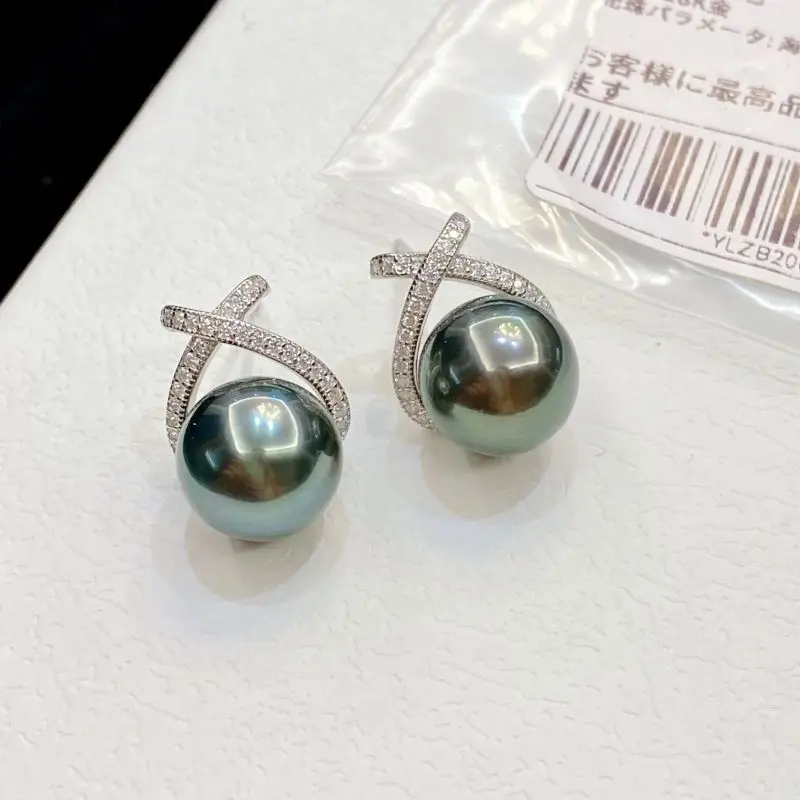 

HENGSHENG 10-11mm Tahiti Black Pearls X-Shape Round Stud Earrings Fine Trendy 925 Sterling Silver For Women Girls Jewelry Gifts
