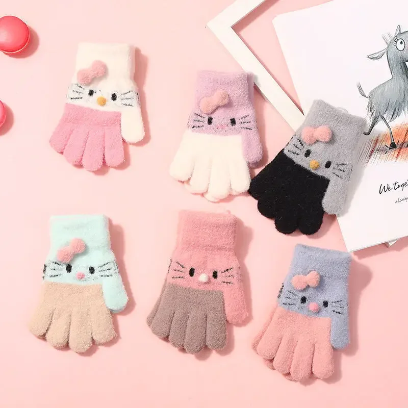 Sanrio Hello Kitty Gloves Kawaii Soft Warm Children's Knitted Gloves Cute Girl Rabbit Wool Knitted Thermal Full Finger