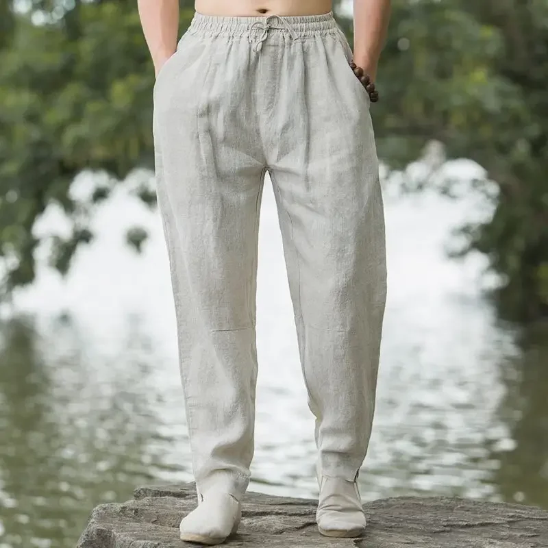 thumbnail image 1 of Pantalones de harén para hombre, holgados, de lino, finos, sueltos, anchos, de verano, nuevos de diseñador, talla grande, tendencia de moda Harajuku, pantalones casuales para hombre, 1 of 5