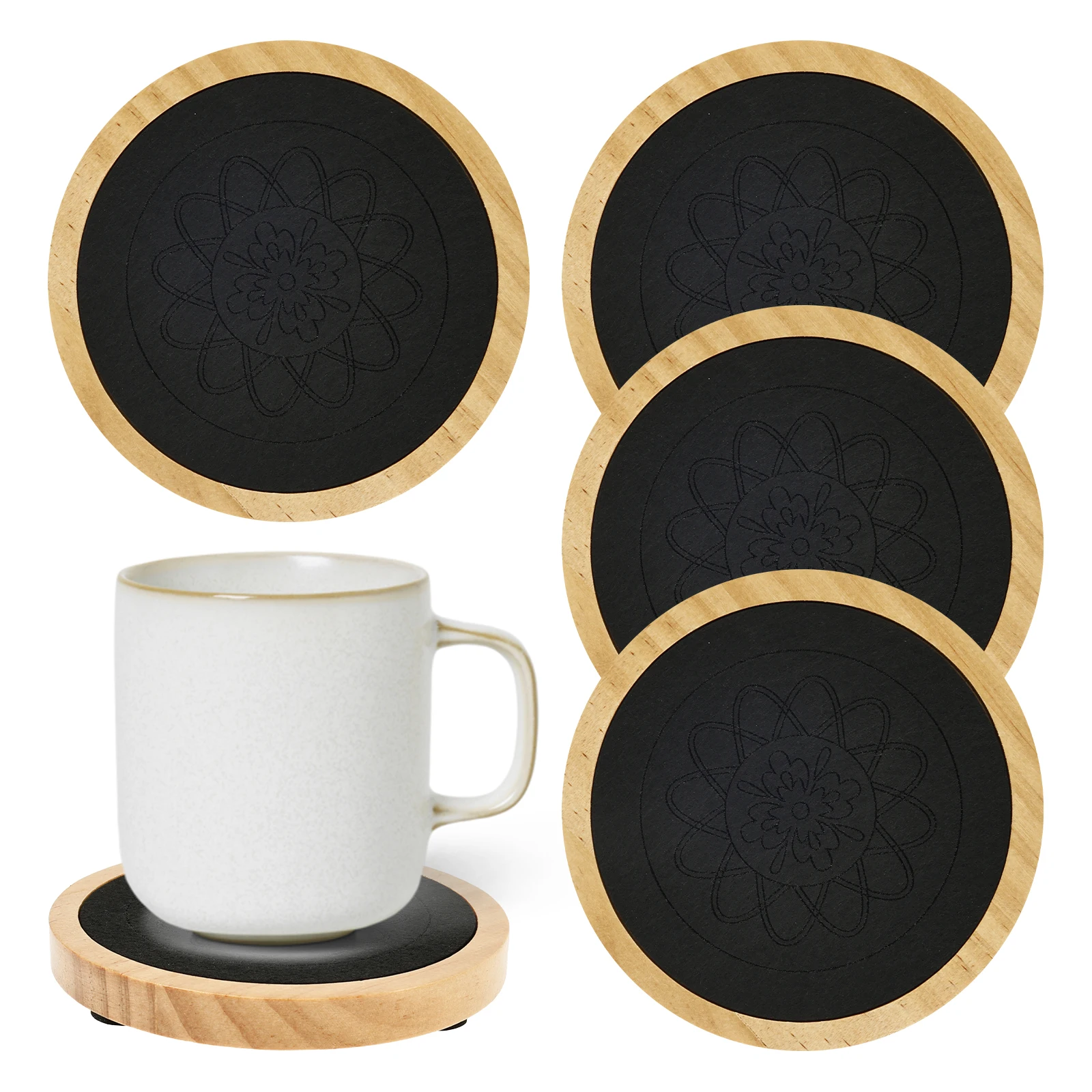 5Pcs Wood Coasters Home Dining Table Decor Wood Cup Pad Round Wood Cup Mat Felt Absorbent Coaster Set for Coffee Hot Drinks