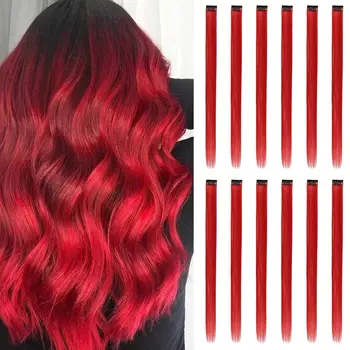 Red Hair Extensions Clip in, Party Highlight Product, Clip-In Synthetic Wig, 22-Inch Colored Straight Hair Accessory 1
