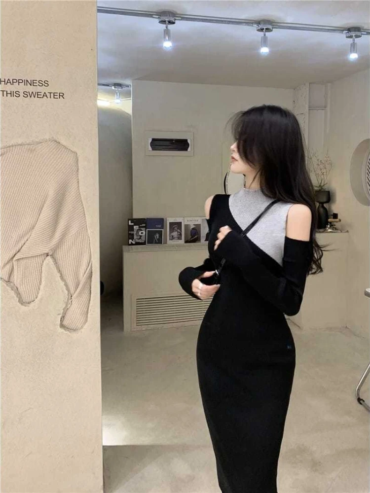 

Colorblock Knit Turtleneck Women's Dresses Over The Shoulder Female Dress Crochet New Features of Luxury Beach Cotton Clothing