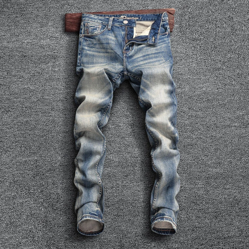 Italian Style Fashion Men Jeans Retro Blue Elastic Slim Fit Ripped Jeans Men Casual Stretch Trousers Vintage Denim Pants Hombre