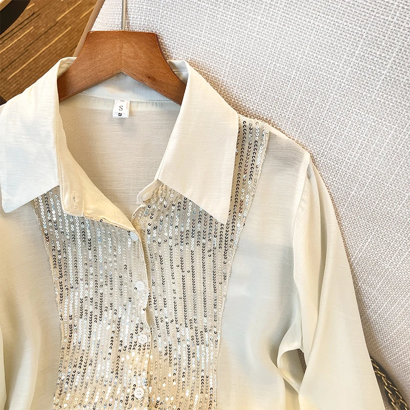 Spring Sequined Shirts&Blouses Women Elegant Office Lady Long Sleeve Blusas Female Tops Turn Down Collar Fashion Party Camisas