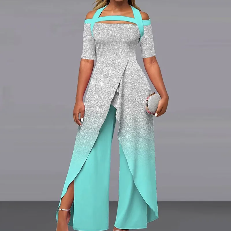 2023 Fashion Sexy Off-shoulder Printed Wide-leg Pants Jumpsuit Streetwear Casual Mid Waist Hollow Out Summer Straight Rompers