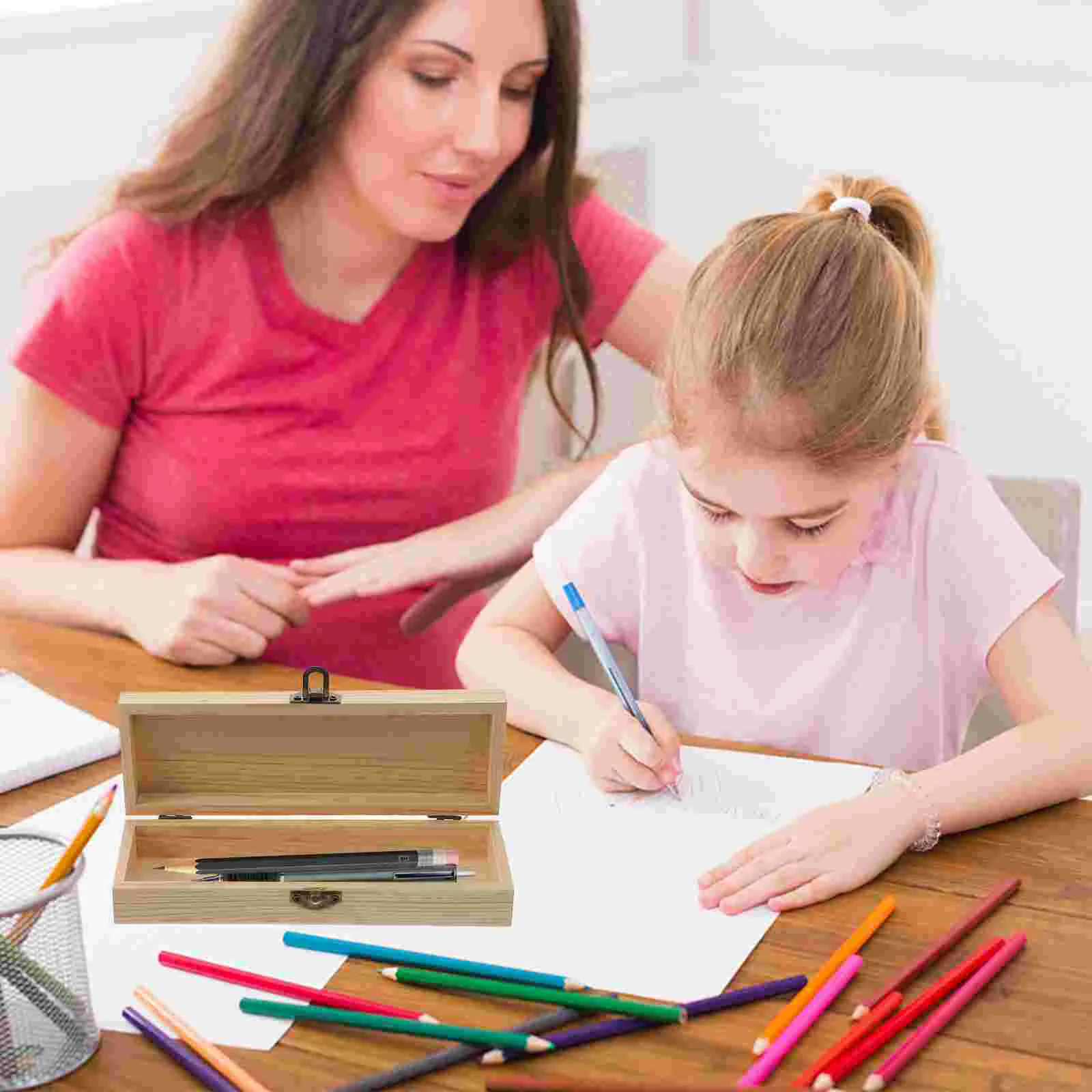 

Plain Unfinished Wooden Pencil Box Unpainted Rectangle Wooden Box Hinged Lid Diy Artist Tool Brush Storage Box Case Locking