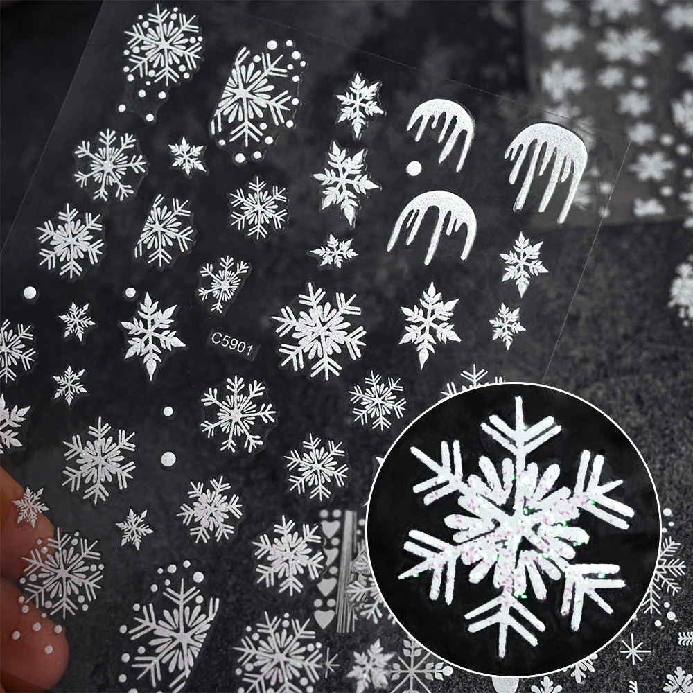 

1pc White Glitter Snowflakes Nail Stickers 3D Christmas French Design Snow Sticker Adhesive Xmas New Year Manicure Slider Decals