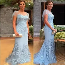 

2020 Mother Of The Bride Dresses Cap Sleeves Mermaid Lace Appliques Sky Blue Plus Party Formal Evening gown vestido de madrinha