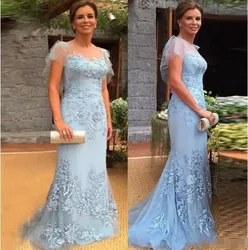 2020 Mother Of The Bride Dresses Cap Sleeves Mermaid Lace Appliques Sky Blue Plus Party Formal Evening gown vestido de madrinha