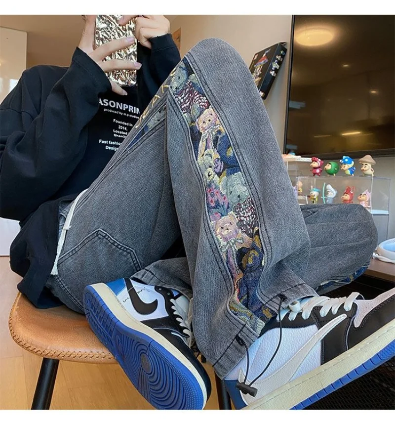 

Женские джинсы с вышивкой в виде медведя, широкие брюки Y2k, уличная одежда, корейская мода, повседневные милые джинсовые брюки в стиле 90-х