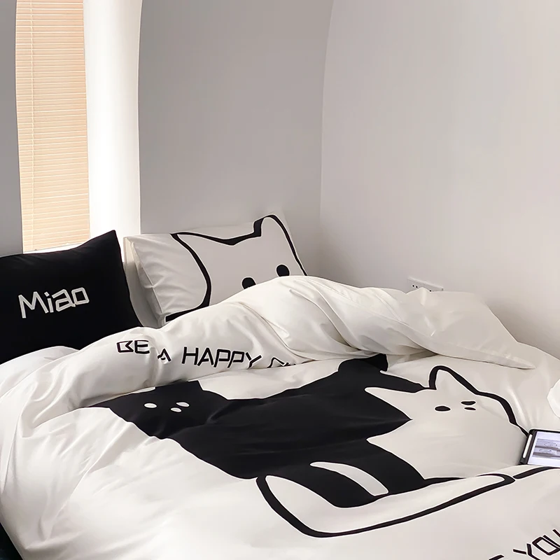

100s Double Strand Large Cartoon Cotton White Beddingset DuvetCover Bedsheet Set pillowcase bed linen