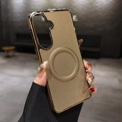 Luxury Leather Textured Magnetic Case with Electroplate Soft Bumper Cover - Galaxy S23 Ultra (Gold)