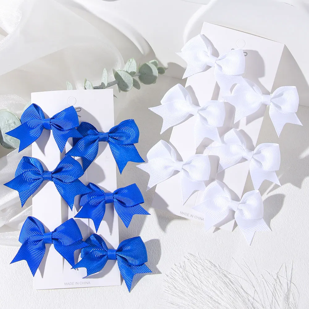 2/4/6개 솔리드 리본 보우노트 헤어 클립 블루 화이트 소녀용 수제 리본 키즈 바레트 헤어 액세서리 도매
