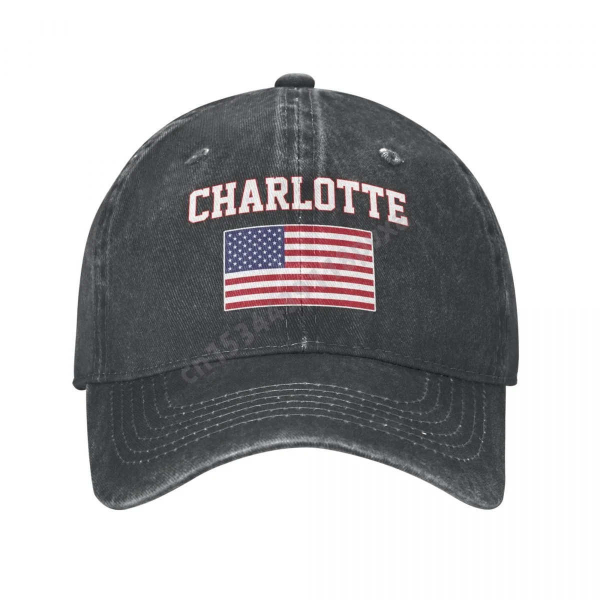 Charlotte America Flag Usa United States City Charcoal Washed Denim Baseball Cap Men Classic Vintage Cotton Dad Trucker Hat