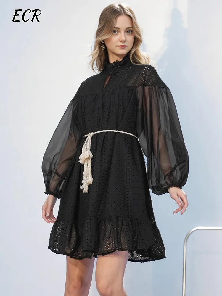 

ECR Casual Patchwork Sheer Mesh Dresses For Women Round Neck Long Sleeve High Waist Spliced Lace Up A Line Mini Dress Female New
