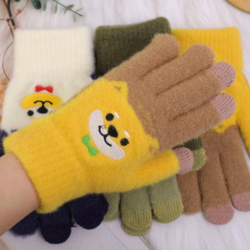 Warm Fluffy Shiba Inu Gloves Cute Cartoon Dog Touchscreen Winter Warmer Women Full Finger Glove Soft Knitted Wrist Mittens 5