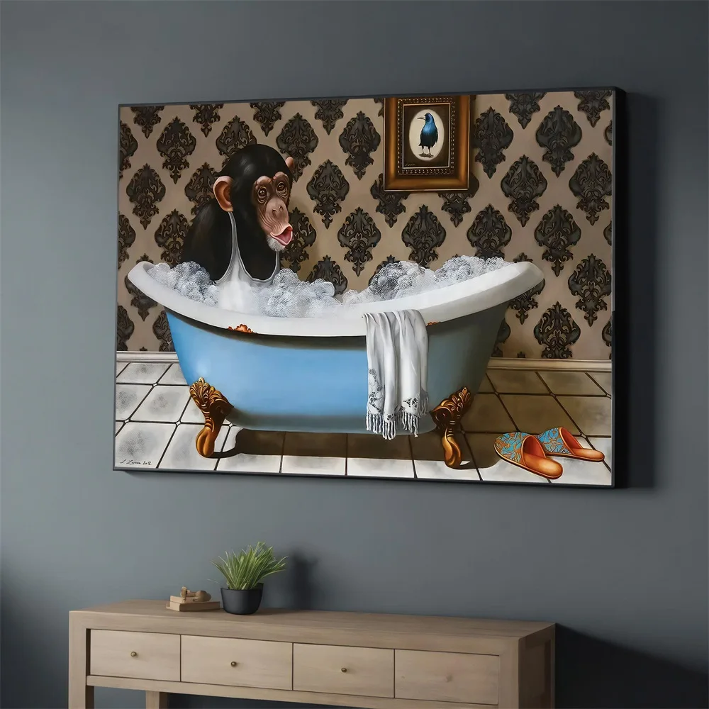

Funny Monkey Taking A Shower Poster Print Abstract Canvas Paintings Modern Wall Art Pictures for Living Bathroom Home Decoration