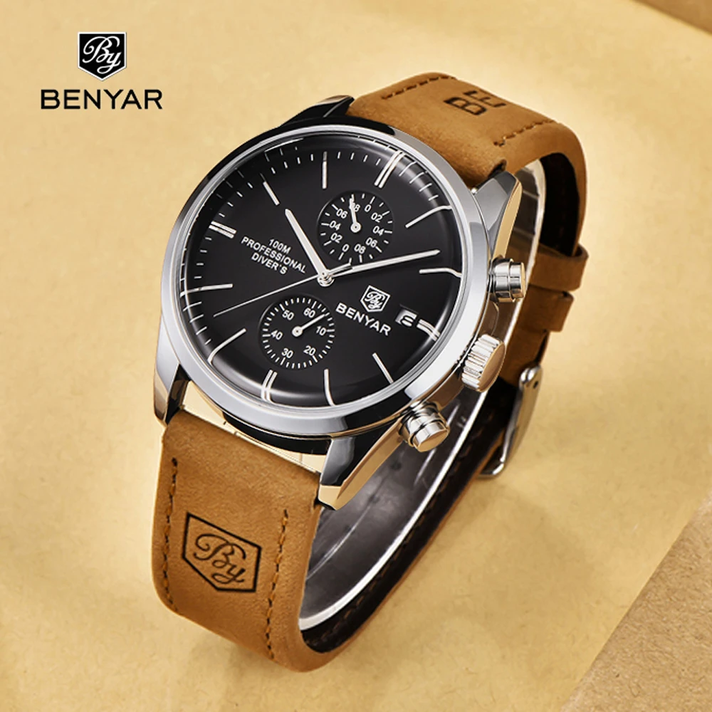 BENYAR 2023 New Men Quartz Wristwatches Chronograph Leather Sports Watch Men Luxury Brand Military 100M Waterproof Fashion Reloj