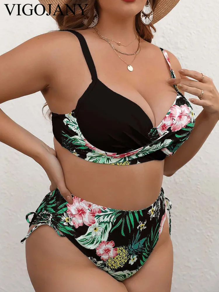 Patchwork Strapped 2 Piece Plus Size Bikini Women High Waist Push UP Swimsuit Backless Beach Chubby Bathing Suit Women Swimsuit Women Two Piece Sets