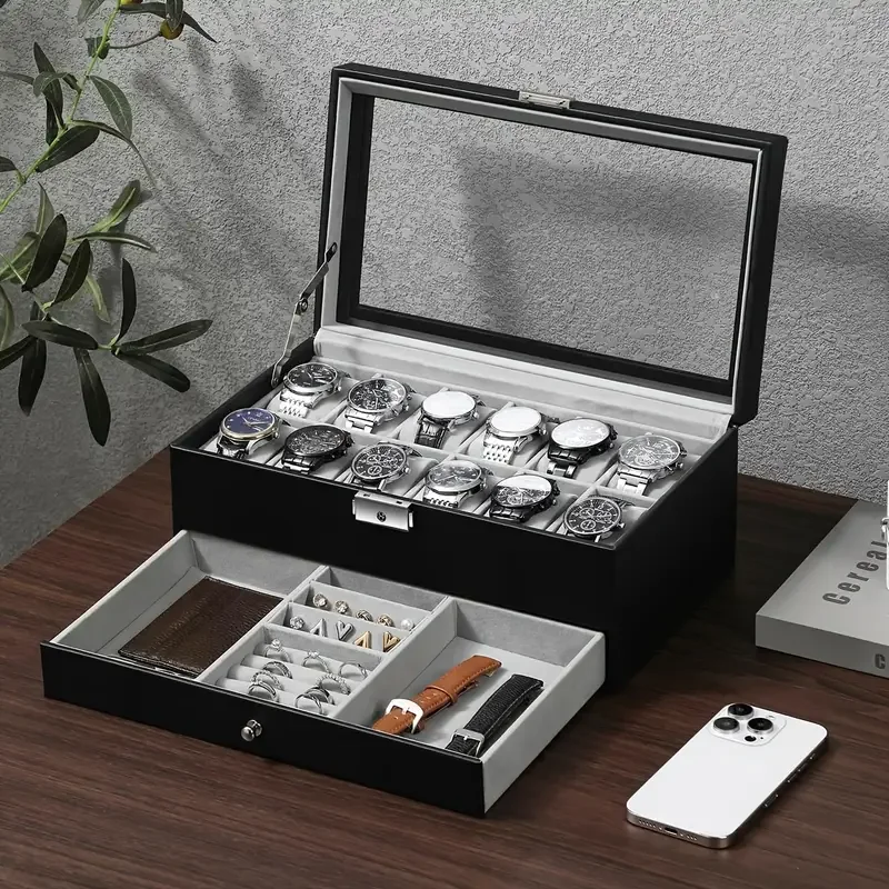 12-Slot PU Leather Lockable Watch Storage Box with Two-Tier Organizer, Secure Jewelry D... - SKU LWSB1516 - UGI Packaging