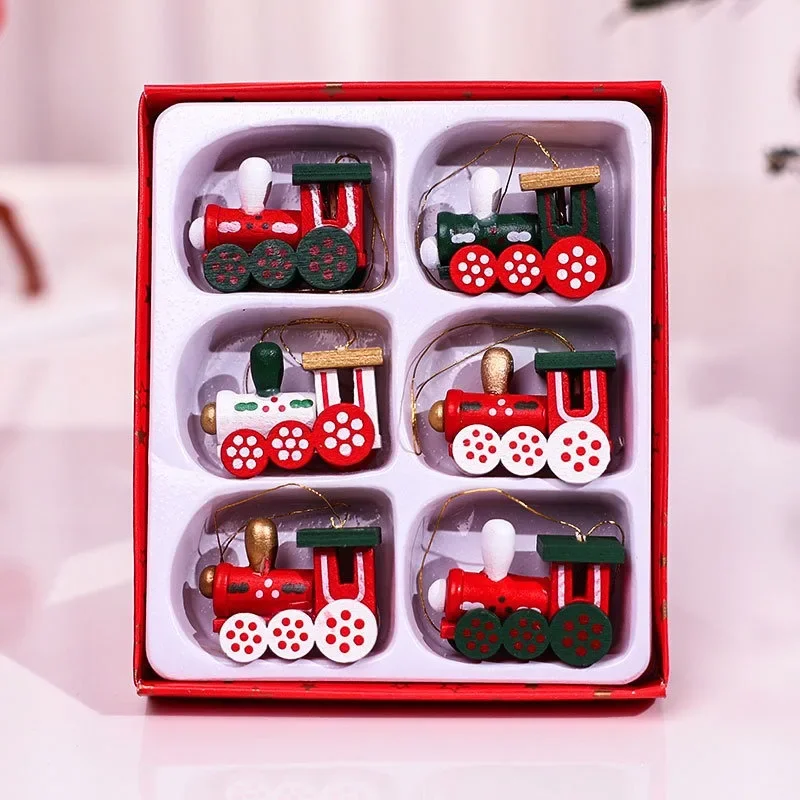 Christmas Train and Image Ornaments Tree Set Hanging Wooden Miniature Decorations Pendant Wood Head Mini Ornament Decor Toys