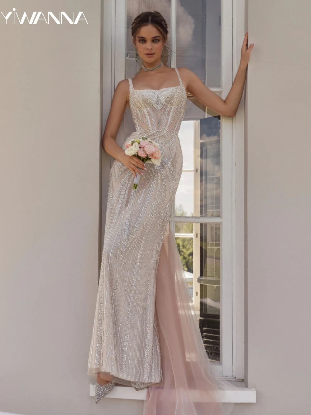 

Graceful Spaghetti Straps Wedding Dress Sparkly Sequins Beads Bride Robe Vintage Romantic Long Bridal Gown Robe De Mariée