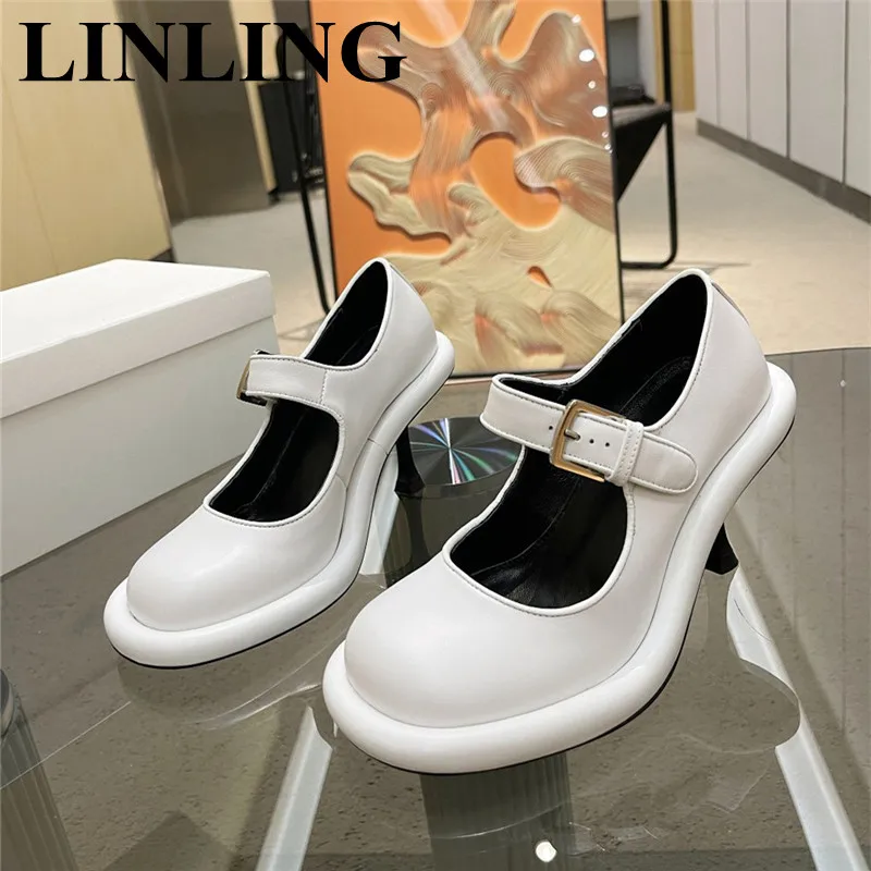 

2023 Buckle Strap Round Toe Pumps Fashion Genuine Leather Mary Janes Womens Shoes High Heels Party Casual Ladies Designer Shoes