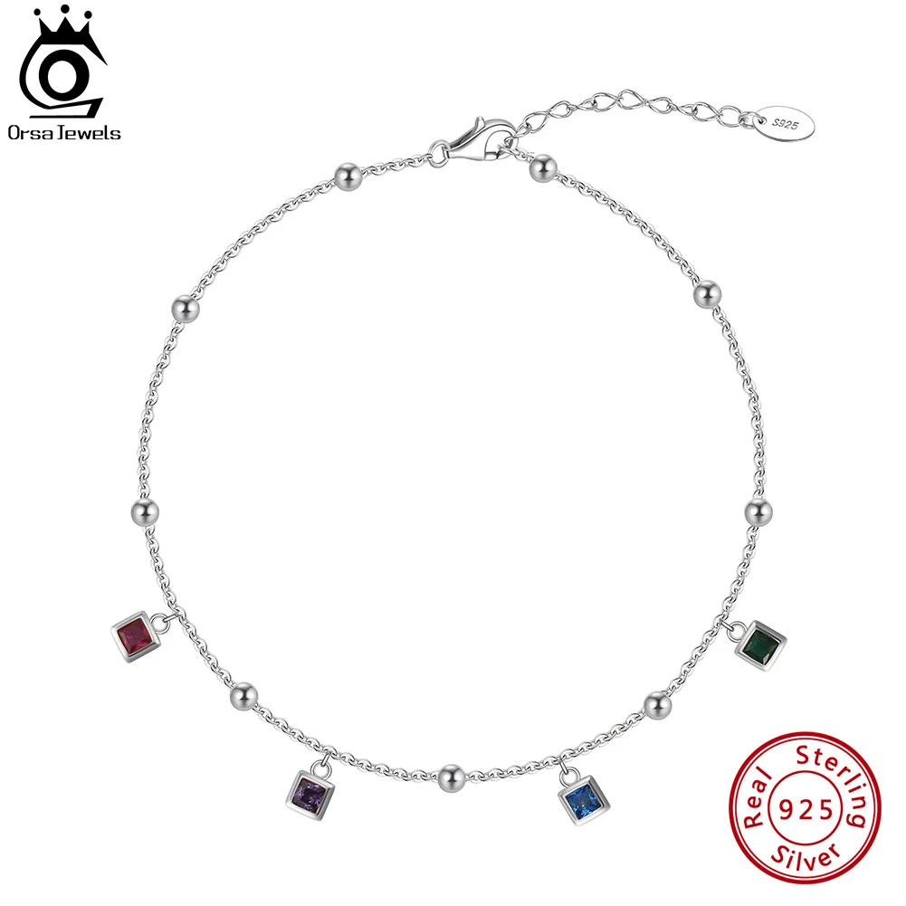 Fashion Colorful Cubic Zirconia 925 Pure Silver Anklet ORSA JEWELS For Women Waterproof Chain Zircon Trendy Foot Jewelry SA91