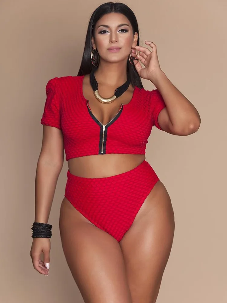 Women Bikini Set Swimwear 2-piece Monokini Female Zipper Short Sleeve Bathing Suit Plus Size Large Size