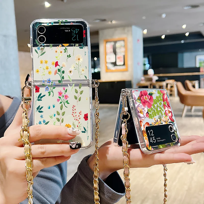 삼성 갤럭시 Z 플립 4 5 5G 용 만화 패턴 소프트 실리콘 케이스, 금속 랜야드 투명 접이식 커버 코크, 삼성 Z 플립 5 용 