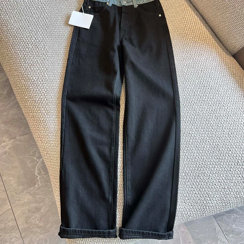 

2023 Women Fashion Contrasting Colors Denim Pants Splicing Washed Basic Straight Jeans Vintage Cargo High Waist Loose Trousers