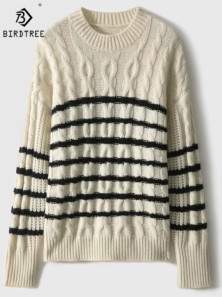 

BirdTree 40%Wool 25%Yak Wool Pullover,Women Round Neck Retro Stripe,Comfortable Versatile Commute Knitwear,2024 Spring T41063QD