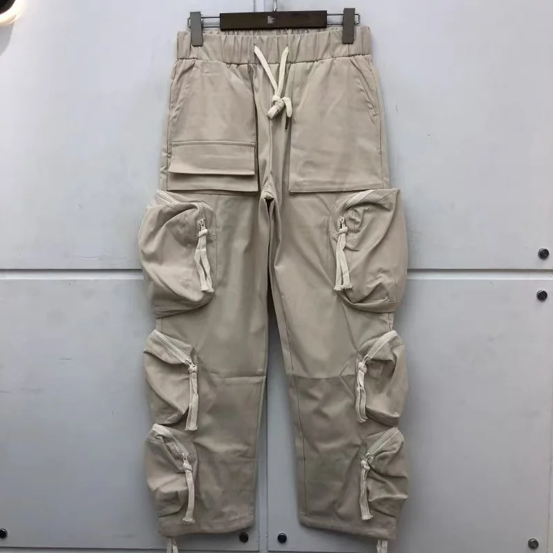 High Street Hip Hop Fashion Black Almond Pocket Casual Pants Drawstring Loose Men Best Quality Straight Leg Pants 3