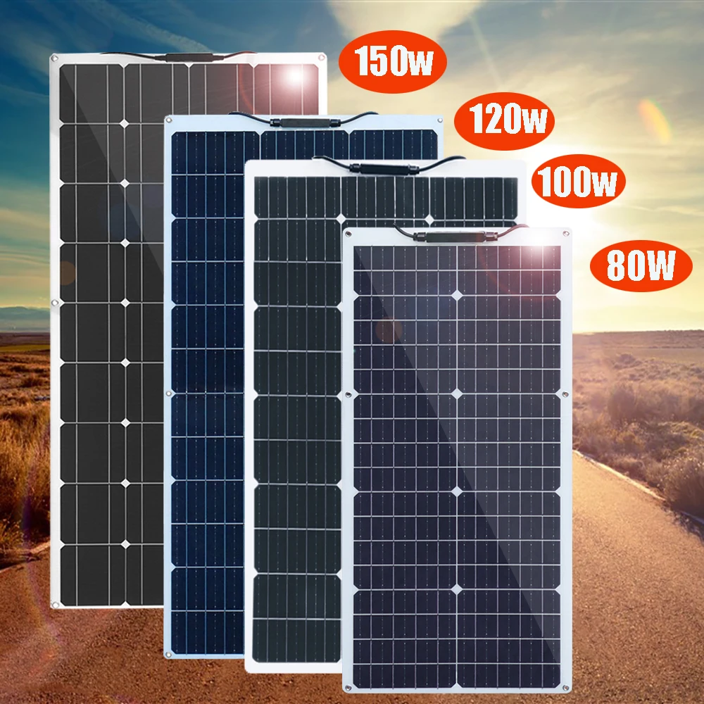 placa solar 12v painel solar flexível 150w 120w 100w 80w painel fotovoltaico sistema para casa varanda carro barco battert carga campista impermeável