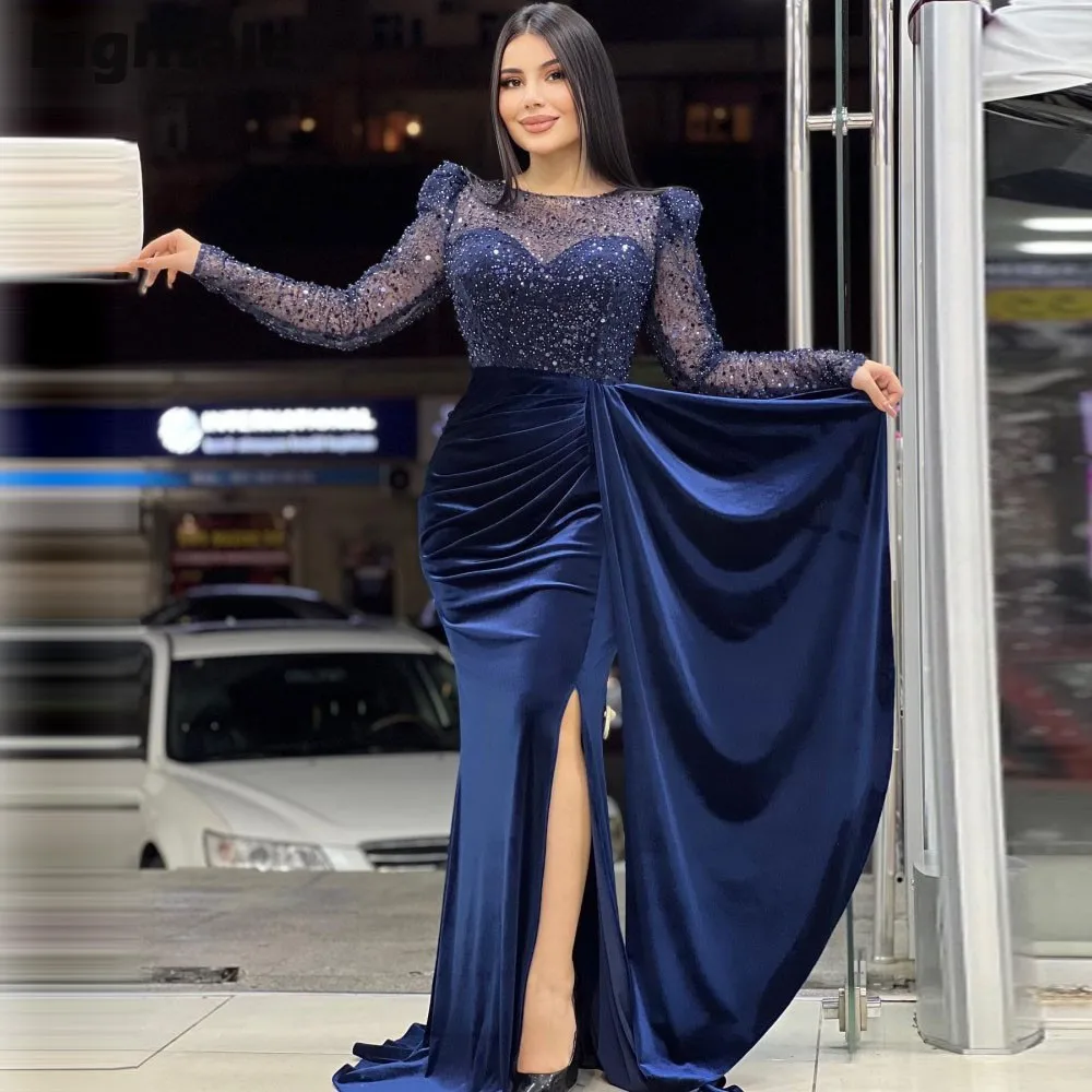 

Eightale Saudi Arabic Evening Dresses O-Neck Sequin Pearls Long Sleeves Velvet Mermaid Prom Wedding Party Gowns Robes De Soirée