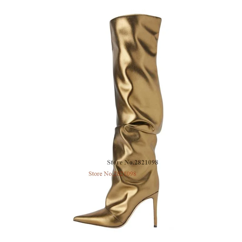 

Bronze-Tone Gold Metallic Leather Thin High Heel Slouch Boots Women 's Shoes Pointed Toe Slip On Stiletto Knee High Long Boots