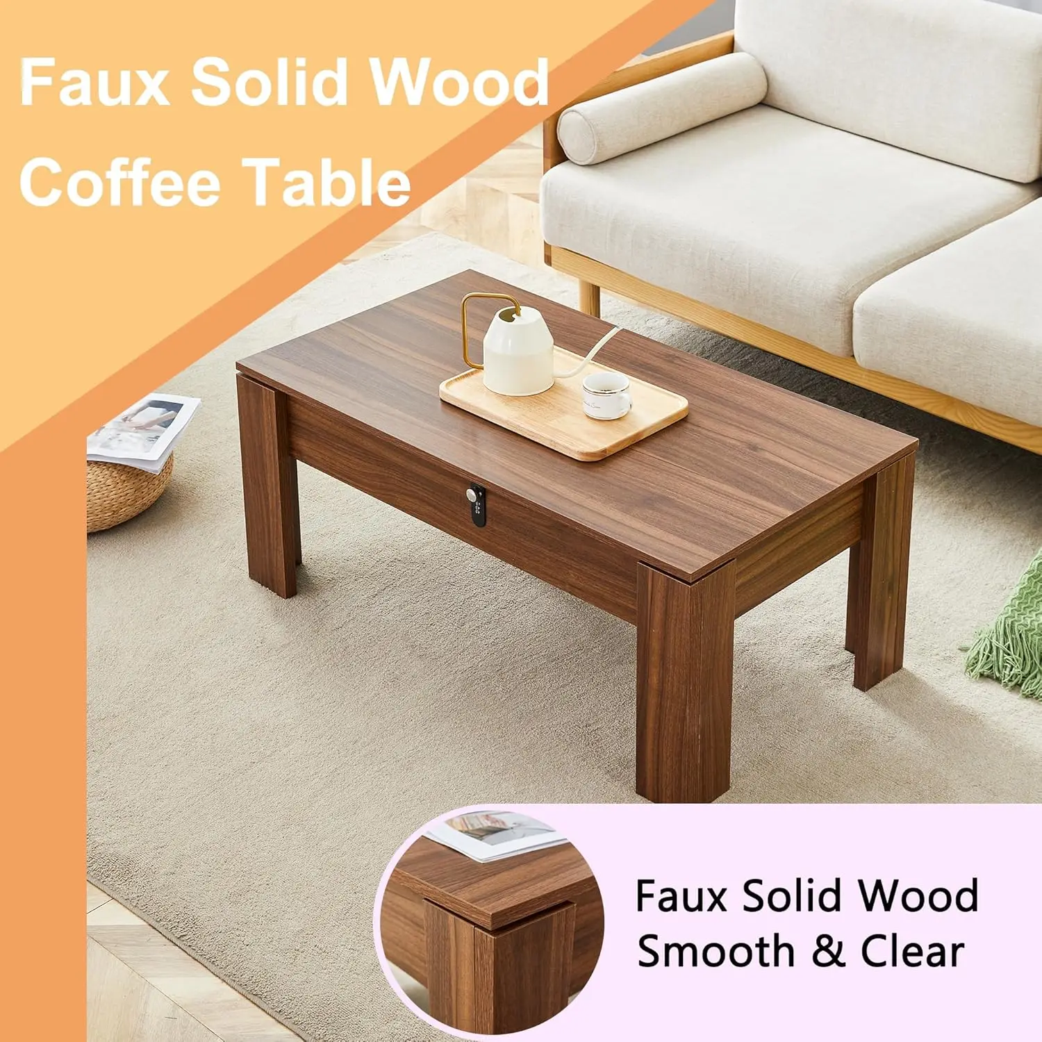 Coffee Table with Hidden Storage,39" Mid Century Modern Coffee Table with Silent Slide and Lock,Wood Rectangle Center Cafe Table 5