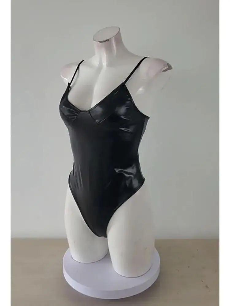 Spaghetti Strap Shaped Breast Wet Look Shiny PU Leather