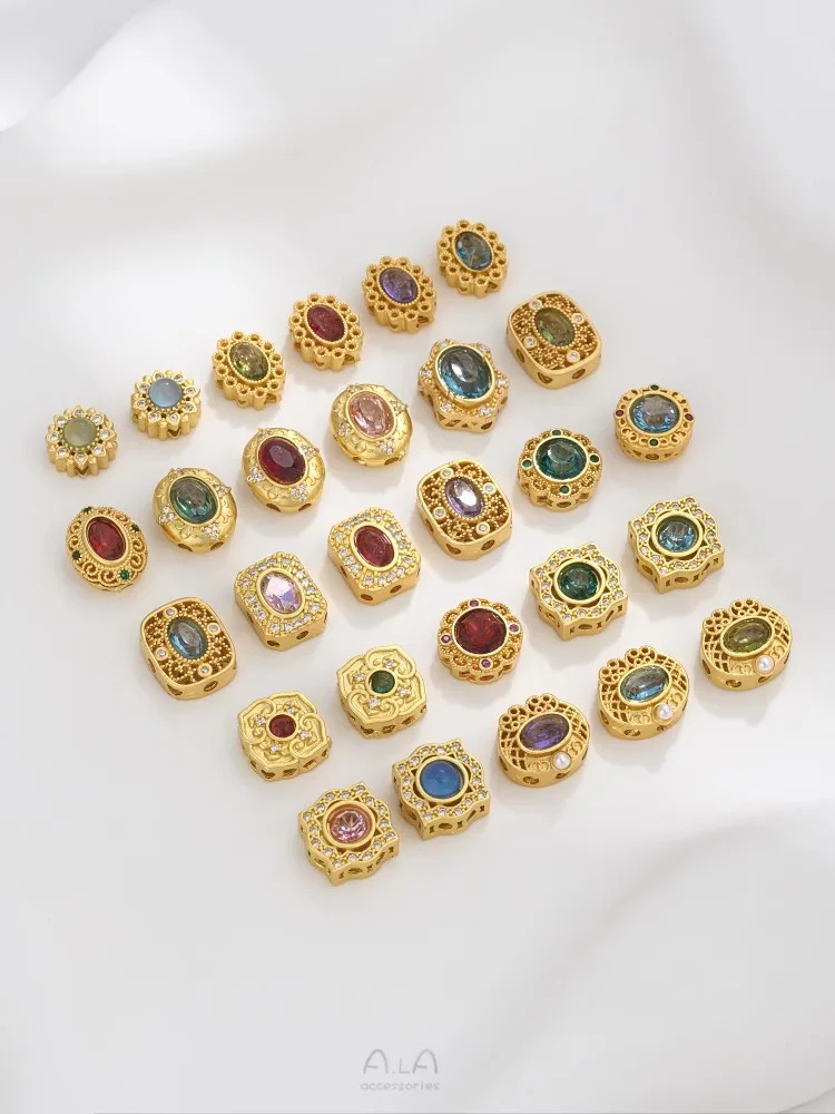 MatteGoldAncientMethodInlaidZirconiumCatsEyeStoneLaceRoundOvalShapedSeparated