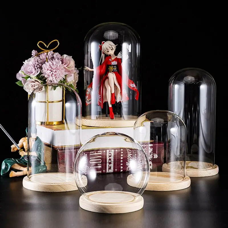 10pcs D6/8/9/10cm Glass Dome Mix Wooden Base Gift Bedroom Decor Glass Cover Landscape Vase Terrarium Container Flower Holder 2