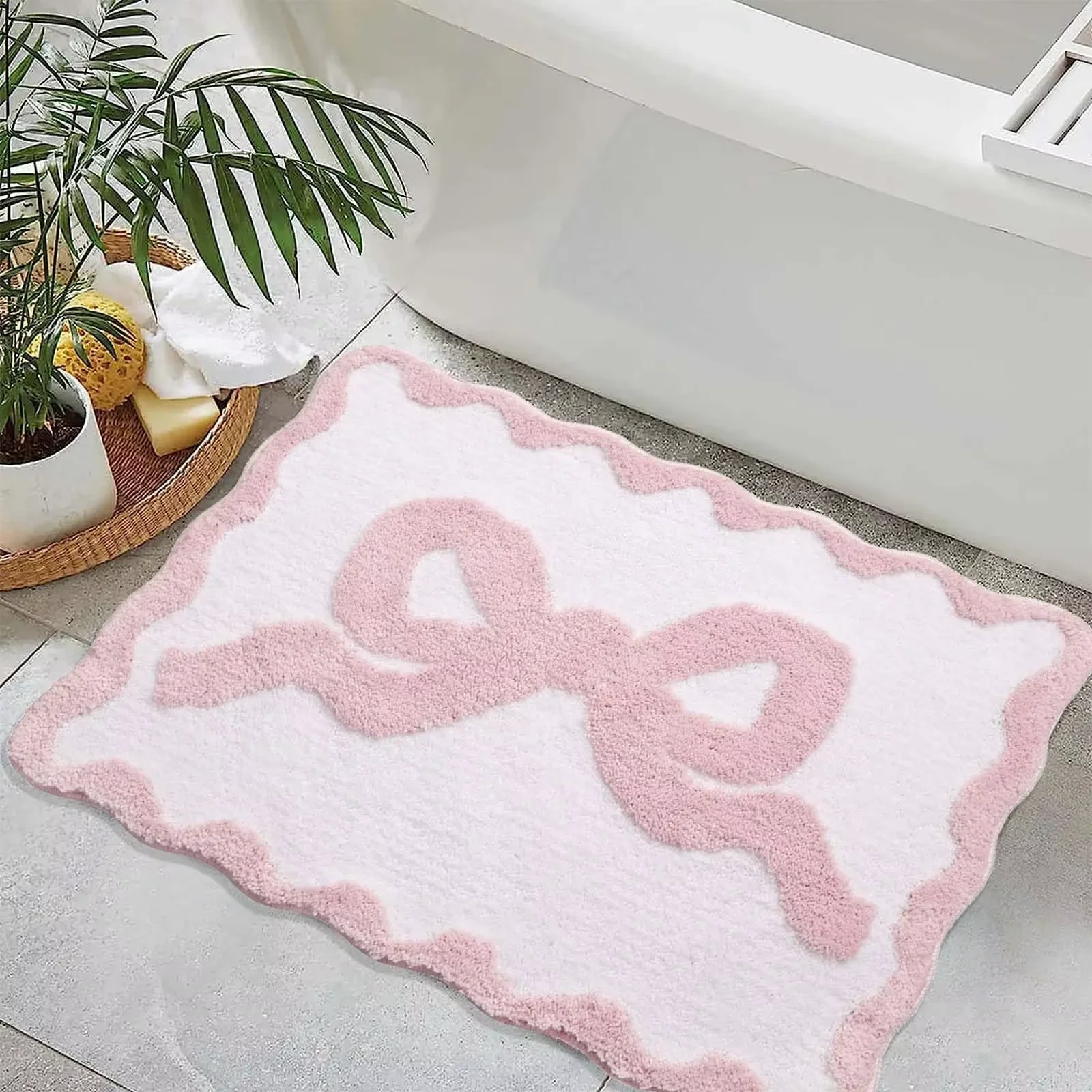 VIKAMA Niedliche Badematte mit rosa Schleife im Schulstil, rutschfest, dekorative Bodenmatte, ideal für Badezimmer und Eingangsbereiche – Detail 2