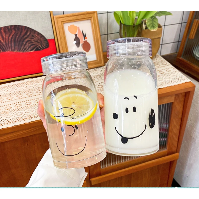 

2024 Miniso Snoopy Glass Cup Kawaii Cartoon Portable Heat Resistant Glass Cup Women's Large Capacity Water Cup Cartoon Milk Cup